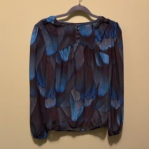 Sheer Long-Sleeve Blouse in Blue Feather Print S